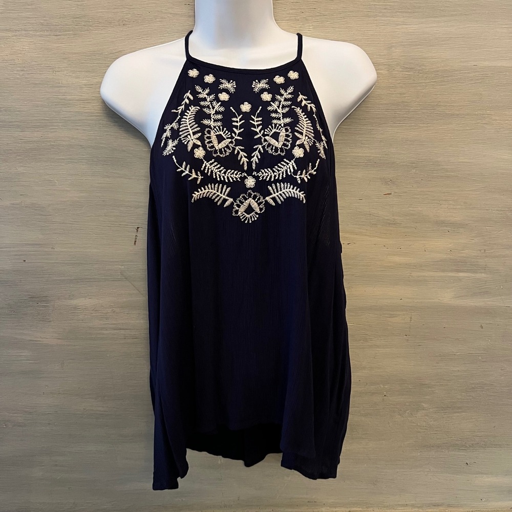 Love Fire Navy Blue White Embroidered Racerback Halter Neck Tank Top Size XL NWT